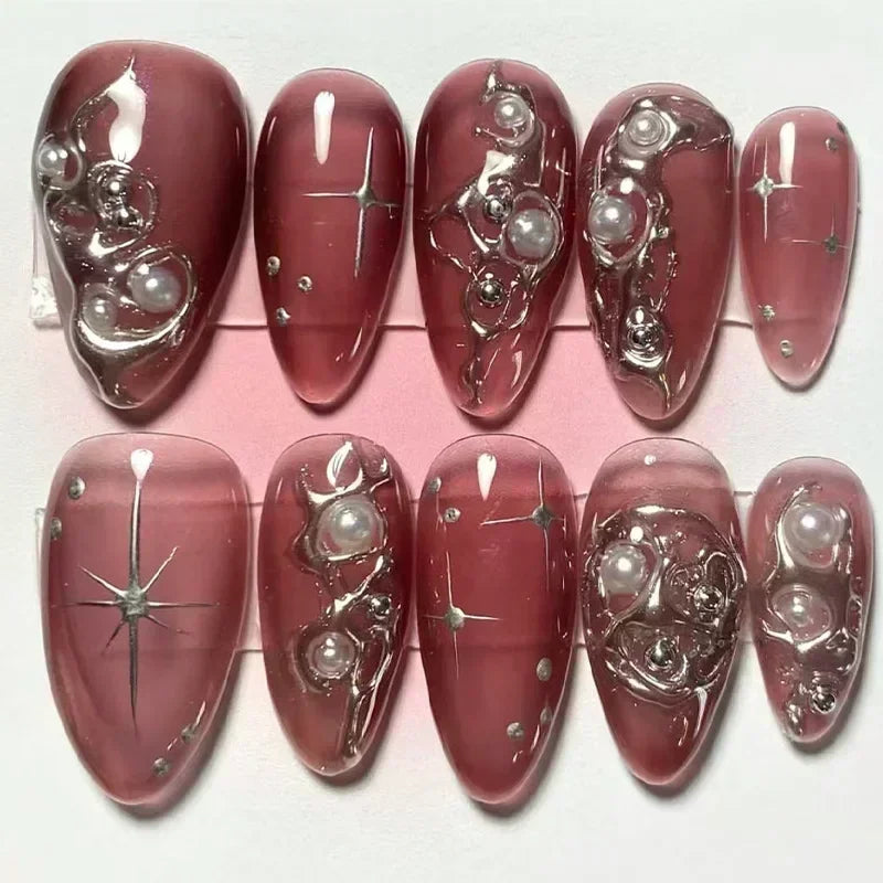 Faux ongles press-on décorés – Strass, nœuds & designs argentés – 24 pièces