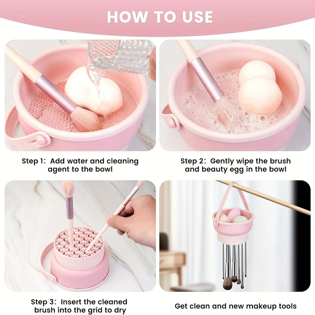 Bol nettoyeur pinceaux maquillage en silicone 3-en-1 – Lavage, séchage et rangement pinceaux & éponges