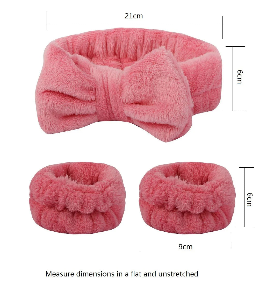 Bandeau maquillage en flanelle avec nœud + protège-poignets absorbants – Accessoire soin visage