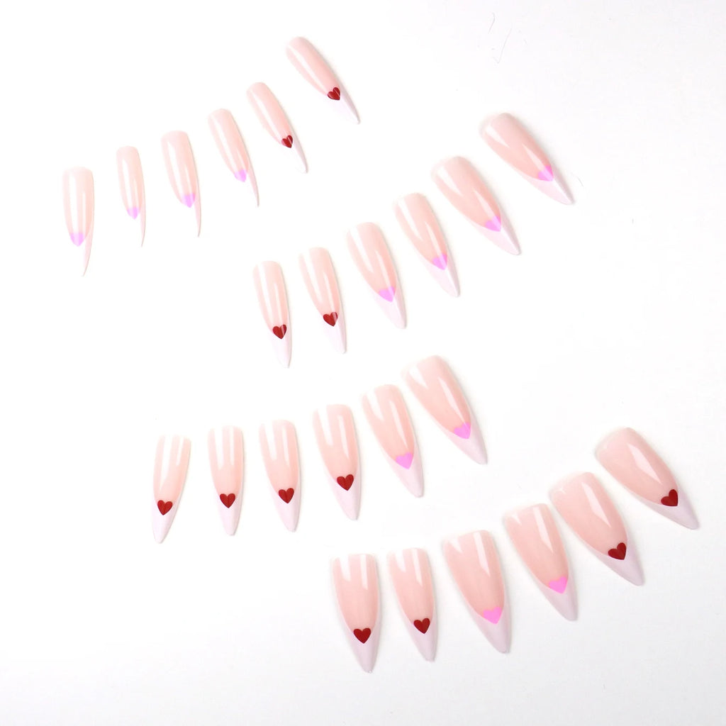 Faux ongles press-on amande décor cœur – Blanc & coloris variés – 24 pièces