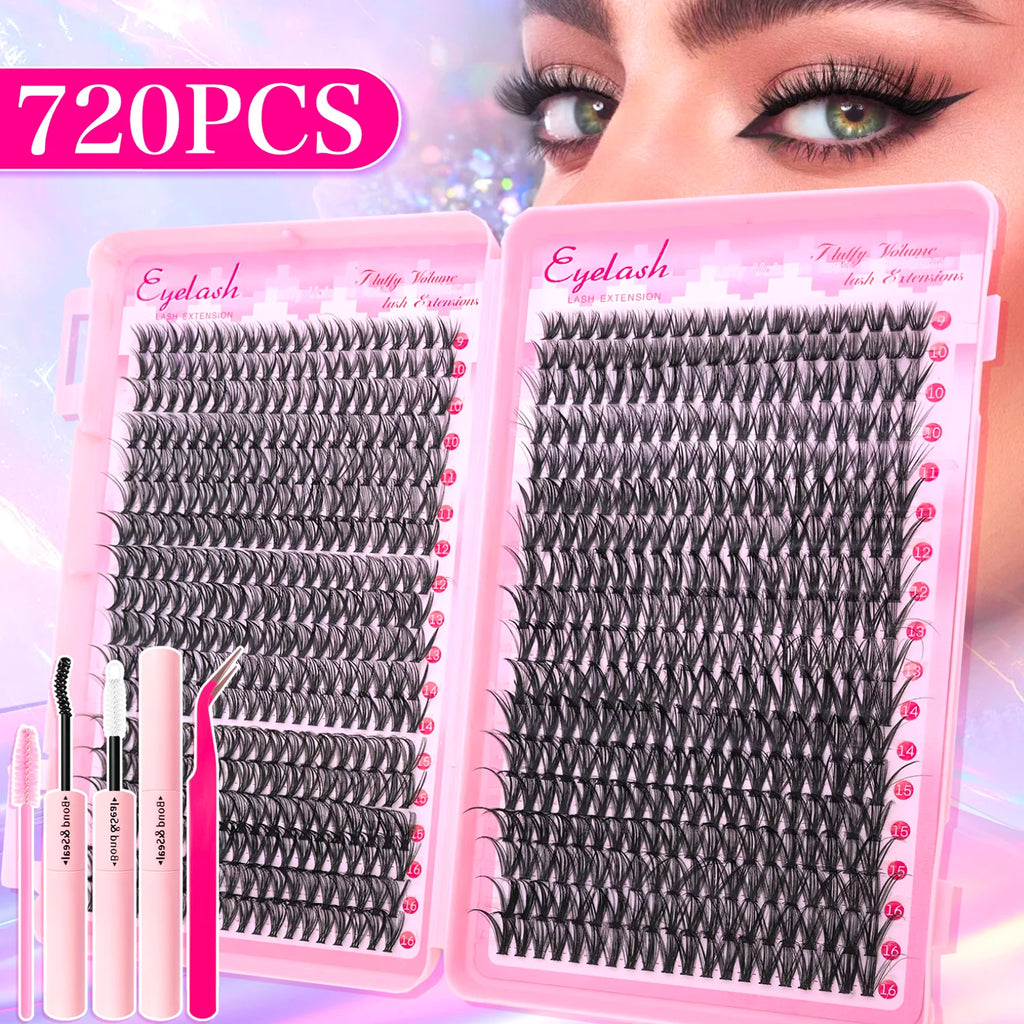 Kit extensions de cils DIY 200–720 pièces – Cils fluffy avec Bond & Seal inclus