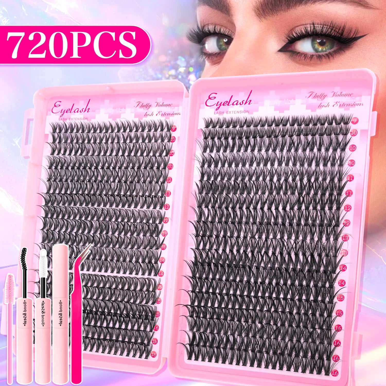 Kit extensions de cils DIY 200–720 pièces – Cils fluffy avec Bond & Seal inclus