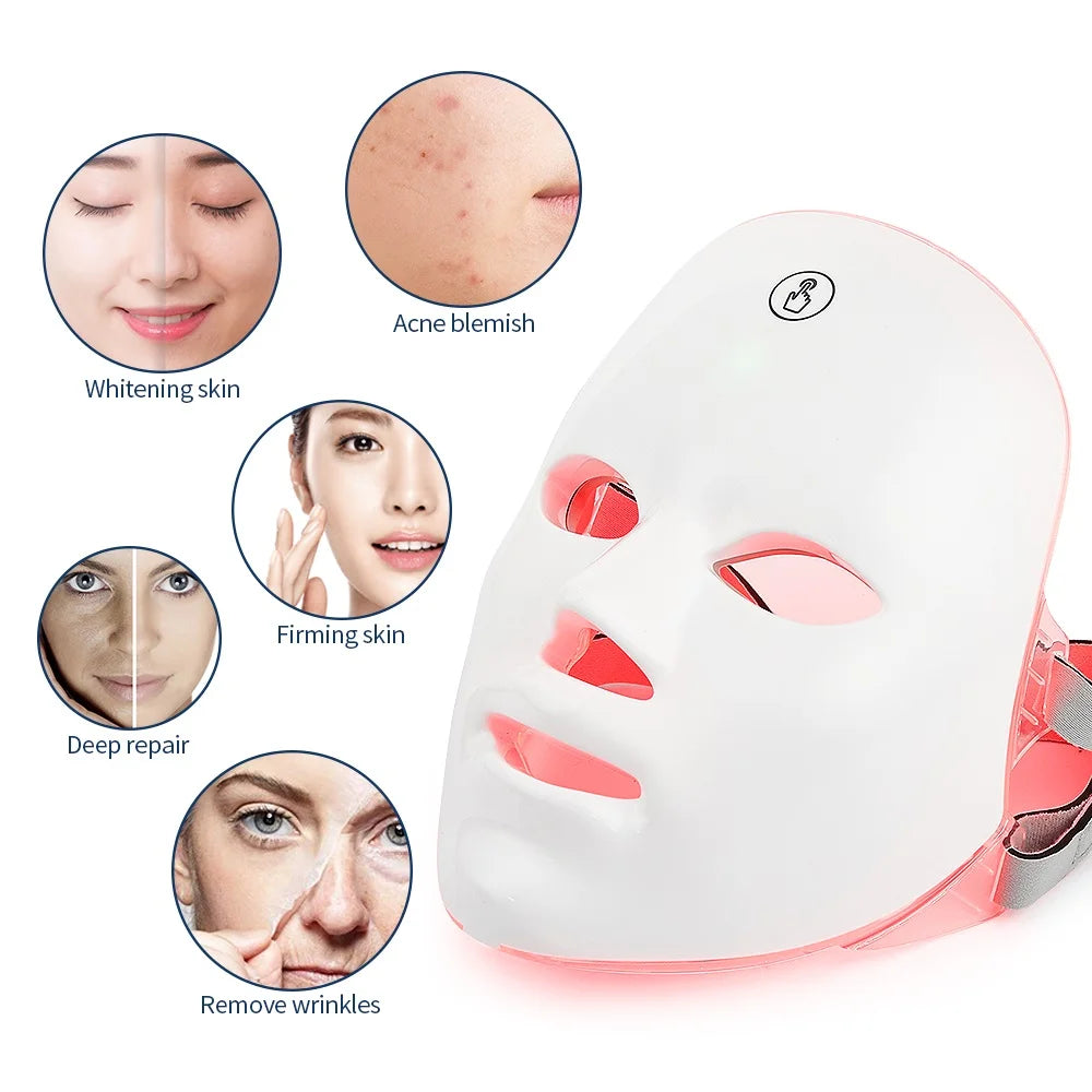 Masque LED visage & cou 7 couleurs – Appareil beauté lumineux sans fil pour soin de la peau