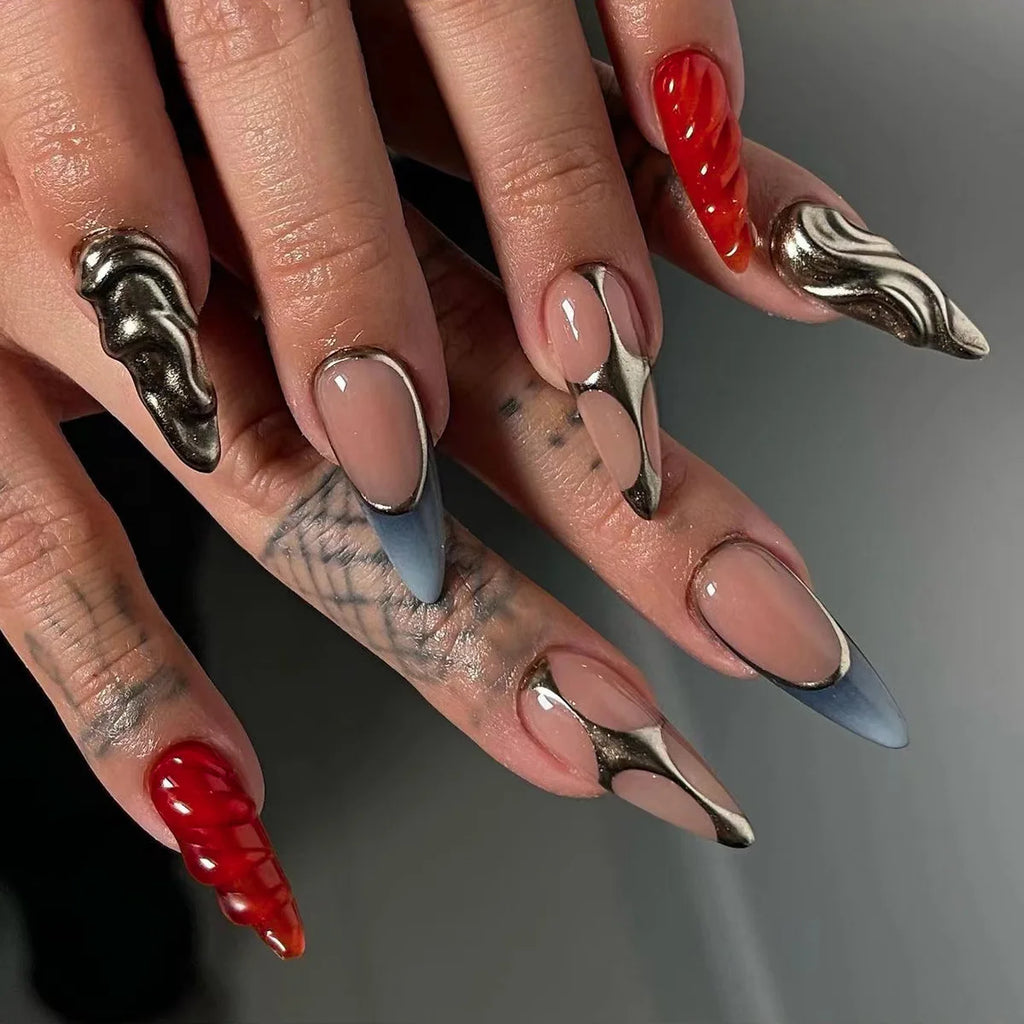 Faux ongles press-on noirs design artistique – Motifs graphiques, effet 3D, style audacieux