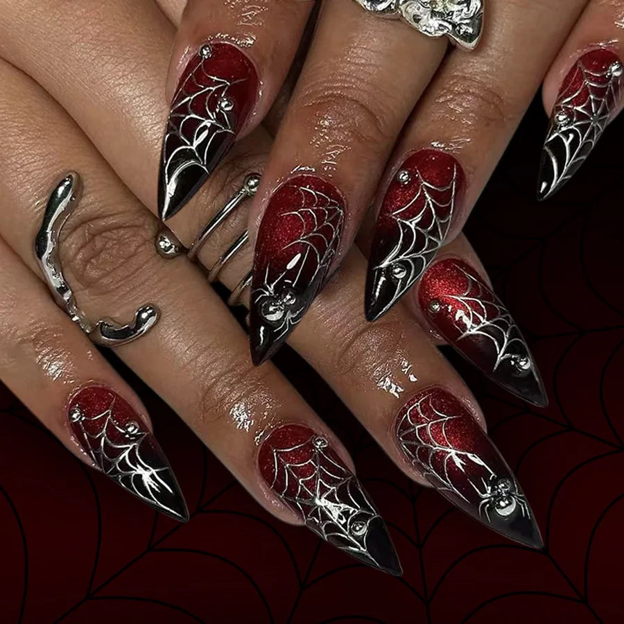 Faux ongles press-on décorés – Strass, nœuds & designs argentés – 24 pièces