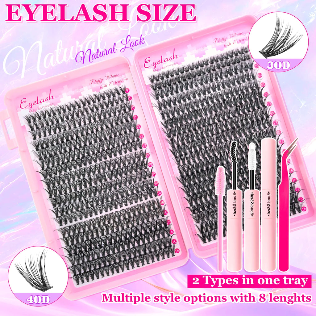 Kit extensions de cils DIY 200–720 pièces – Cils fluffy avec Bond & Seal inclus