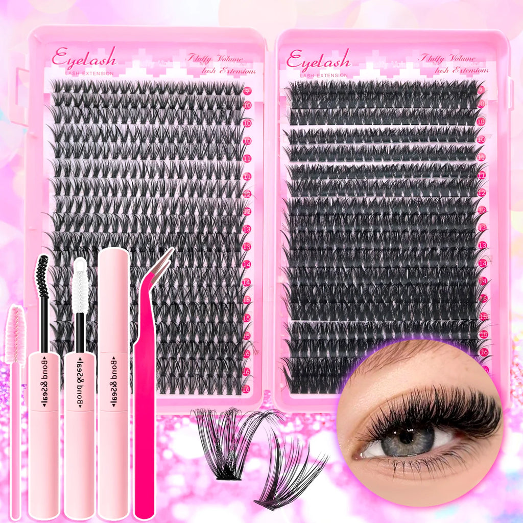 Kit extensions de cils DIY 200–720 pièces – Cils fluffy avec Bond & Seal inclus