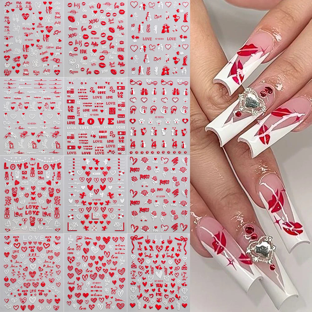 Autocollants nail art Saint-Valentin – Décorations ongles lèvres et cœurs rouges