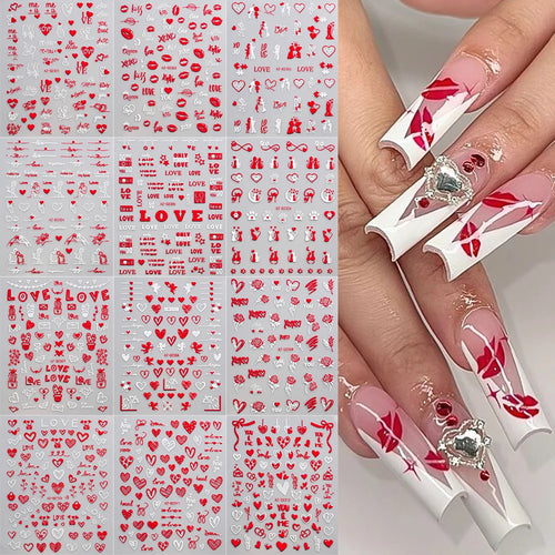 Autocollants nail art Saint-Valentin – Décorations ongles lèvres et cœurs rouges