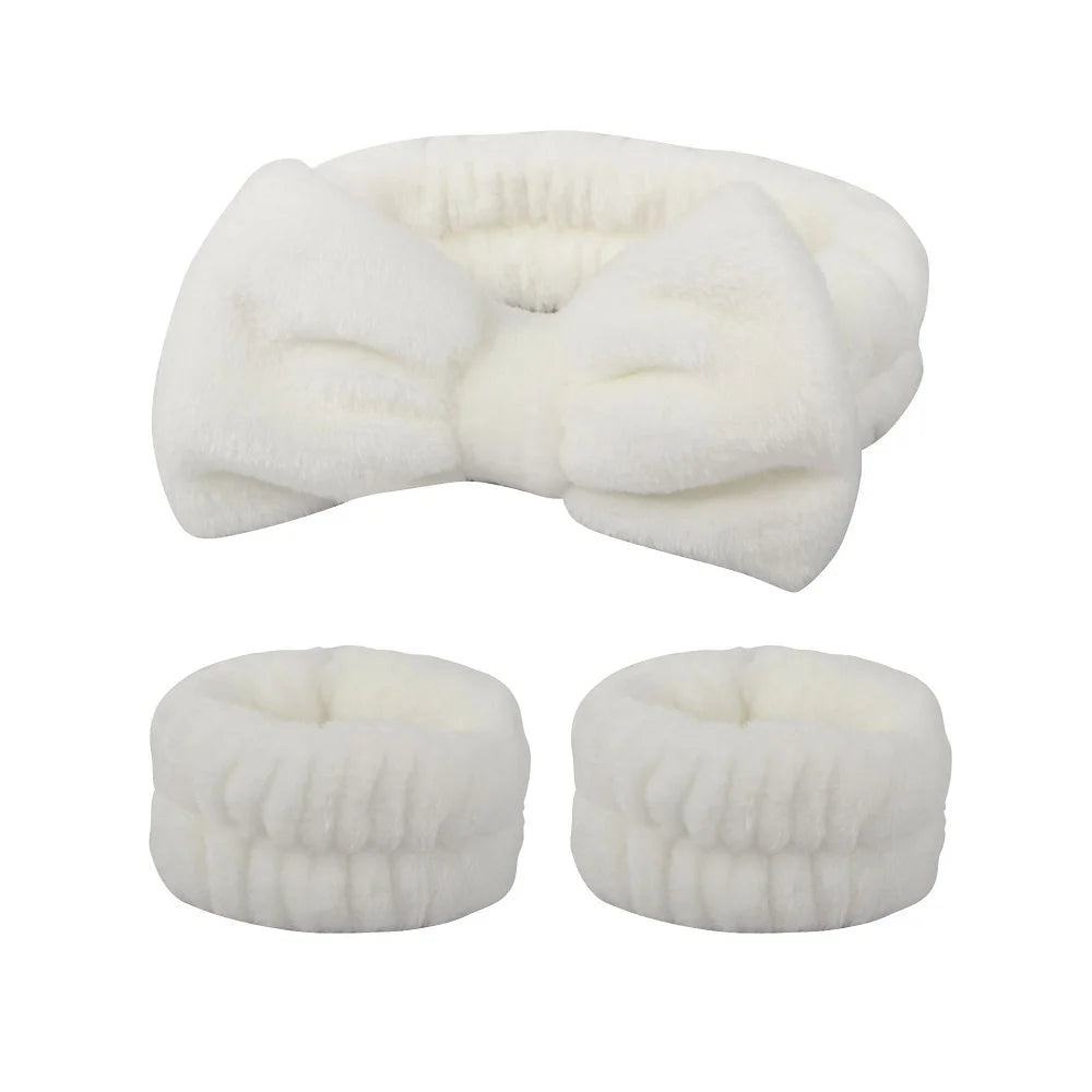 Bandeau maquillage en flanelle avec nœud + protège-poignets absorbants – Accessoire soin visage