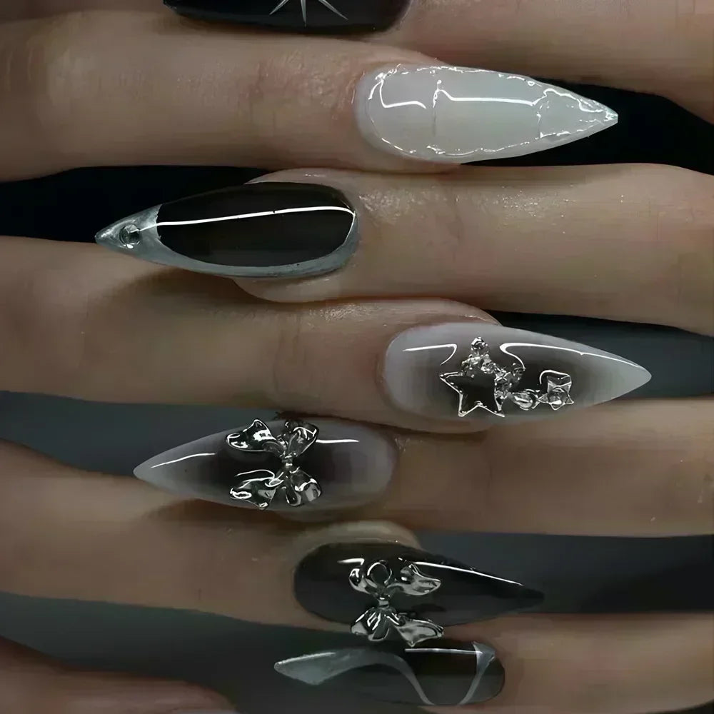 Faux ongles press-on décorés – Strass, nœuds & designs argentés – 24 pièces