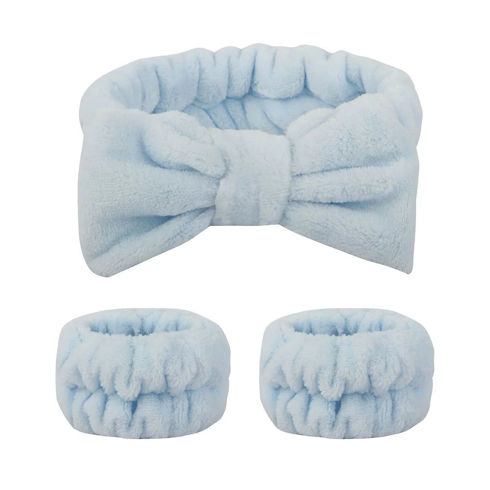 Bandeau maquillage en flanelle avec nœud + protège-poignets absorbants – Accessoire soin visage