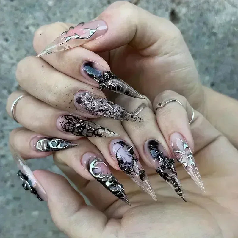Faux ongles press-on décorés – Strass, nœuds & designs argentés – 24 pièces