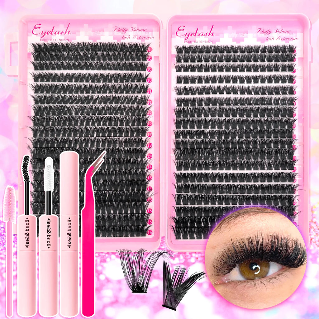 Kit extensions de cils DIY 200–720 pièces – Cils fluffy avec Bond & Seal inclus