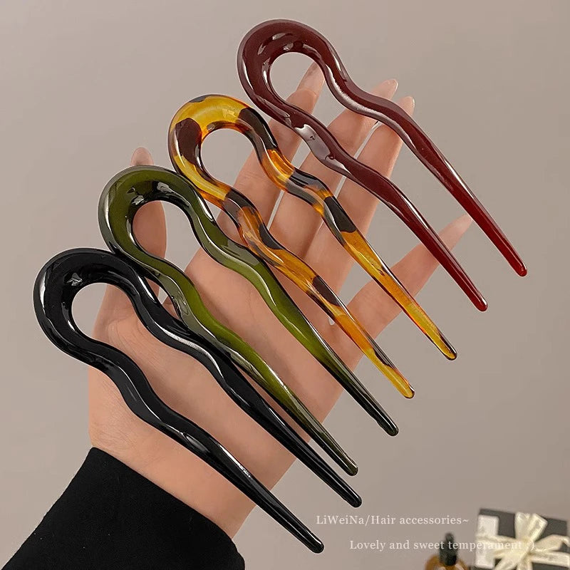 Pic à cheveux en U effet écaille – Épingle à cheveux géométrique en acétate – Accessoire coiffure femme chic