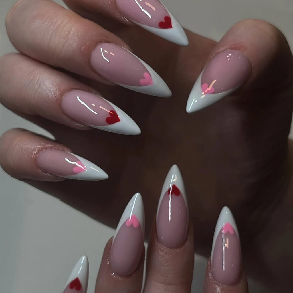 Faux ongles press-on amande décor cœur – Blanc & coloris variés – 24 pièces