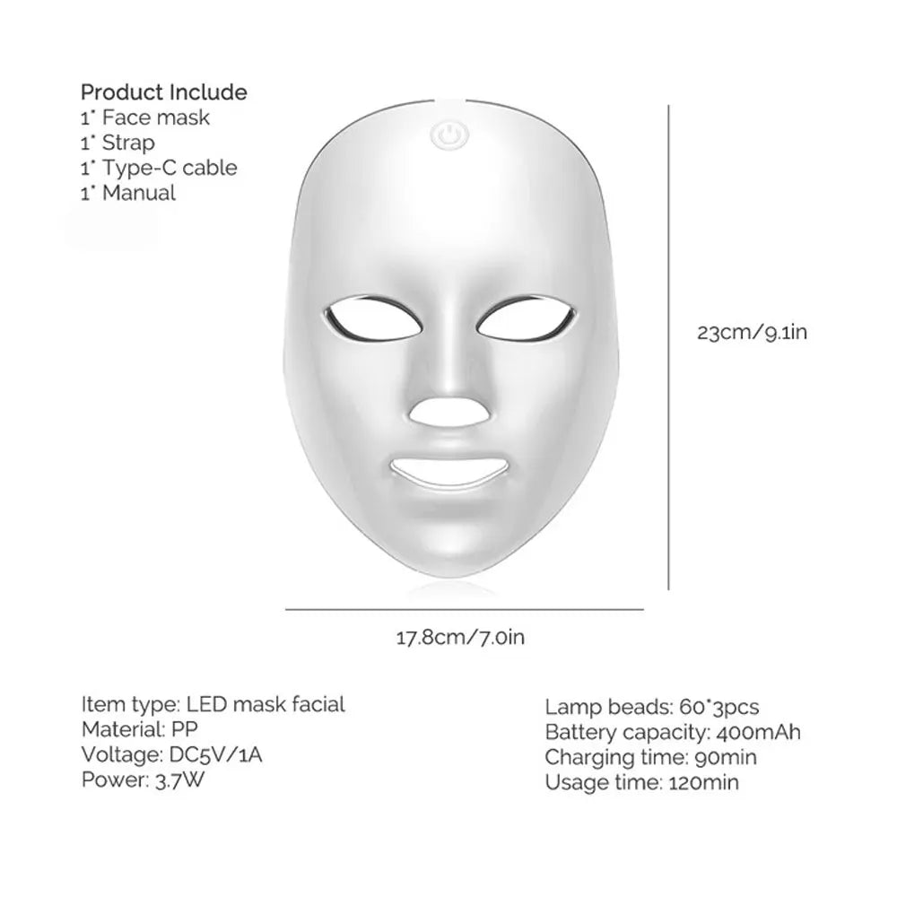Masque LED visage & cou 7 couleurs – Appareil beauté lumineux sans fil pour soin de la peau
