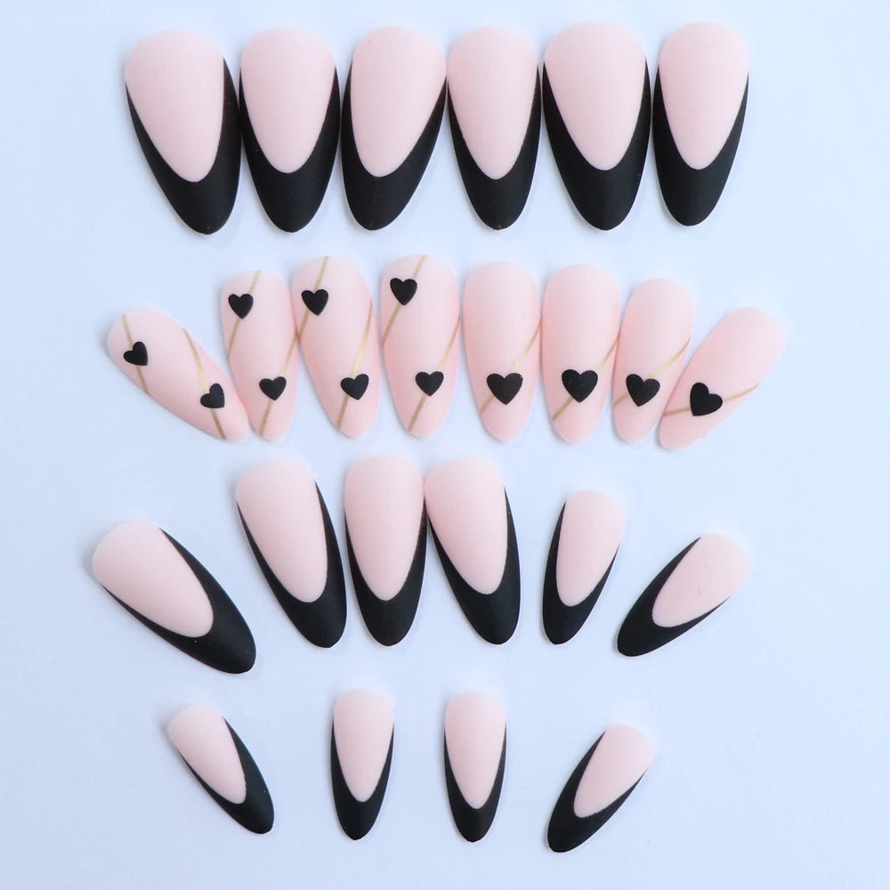 Faux ongles press-on amande décor cœur – Blanc & coloris variés – 24 pièces