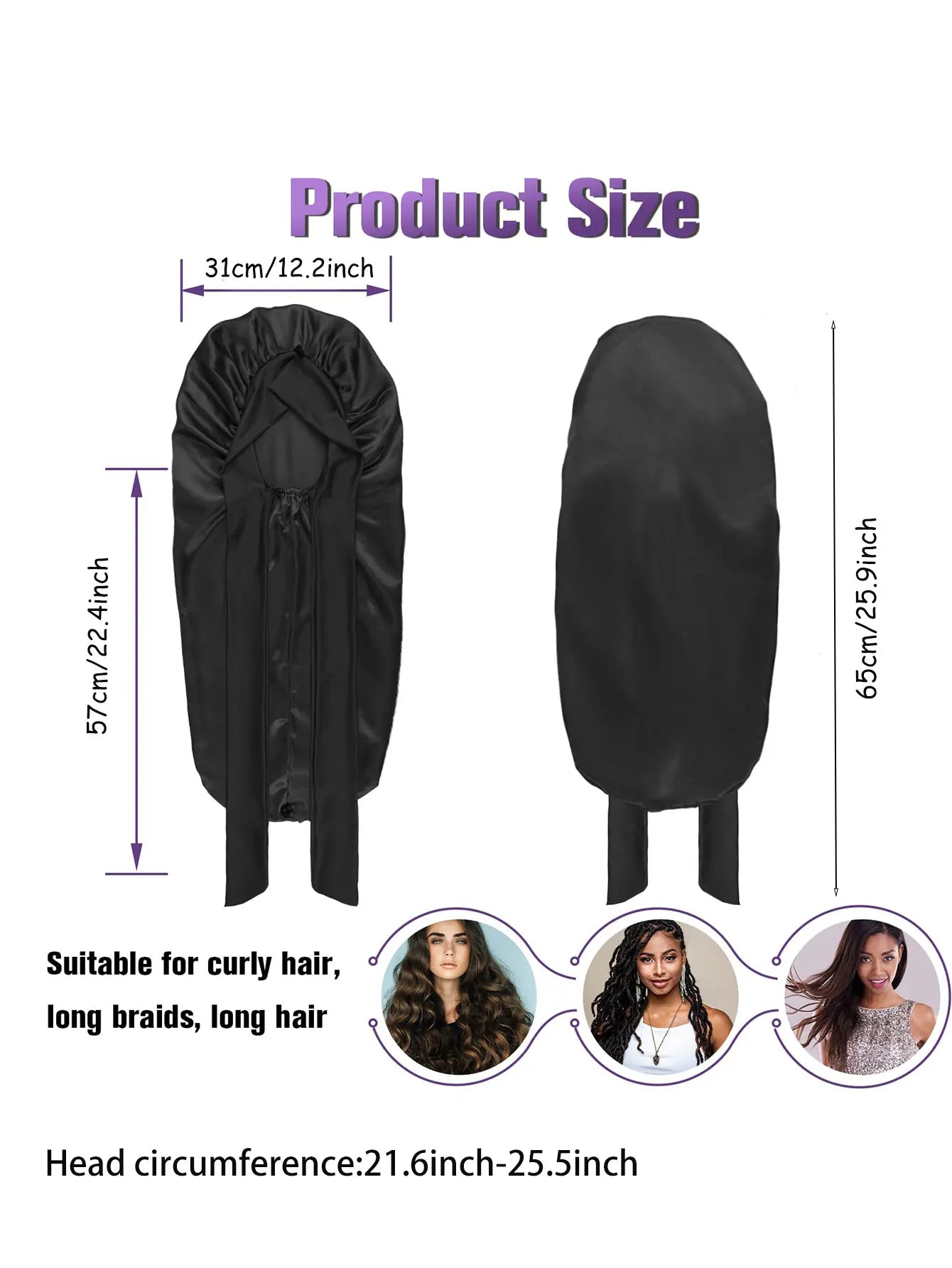 Bonnet satin long en soie – Protection cheveux bouclés, crépus & naturels (XL)