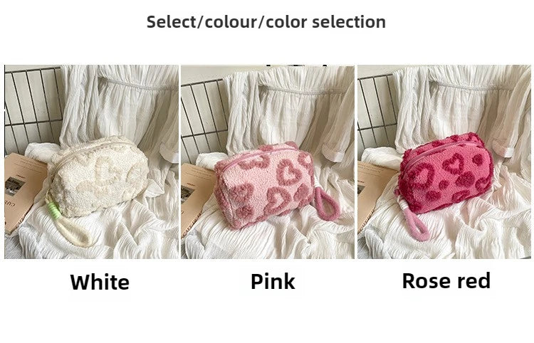 Plush Makeup Bags with Handle Soft Travel Cosmetic Storage Bag Portable Love Print Organizer Pencil Case Cute Clutch Pouch