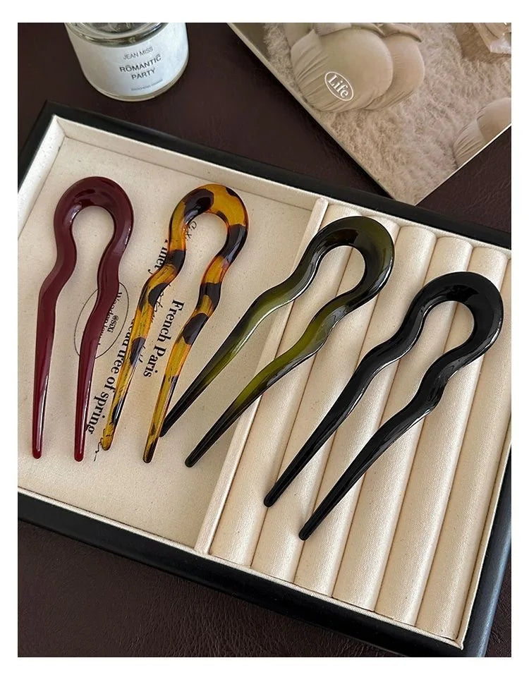 Pic à cheveux en U effet écaille – Épingle à cheveux géométrique en acétate – Accessoire coiffure femme chic