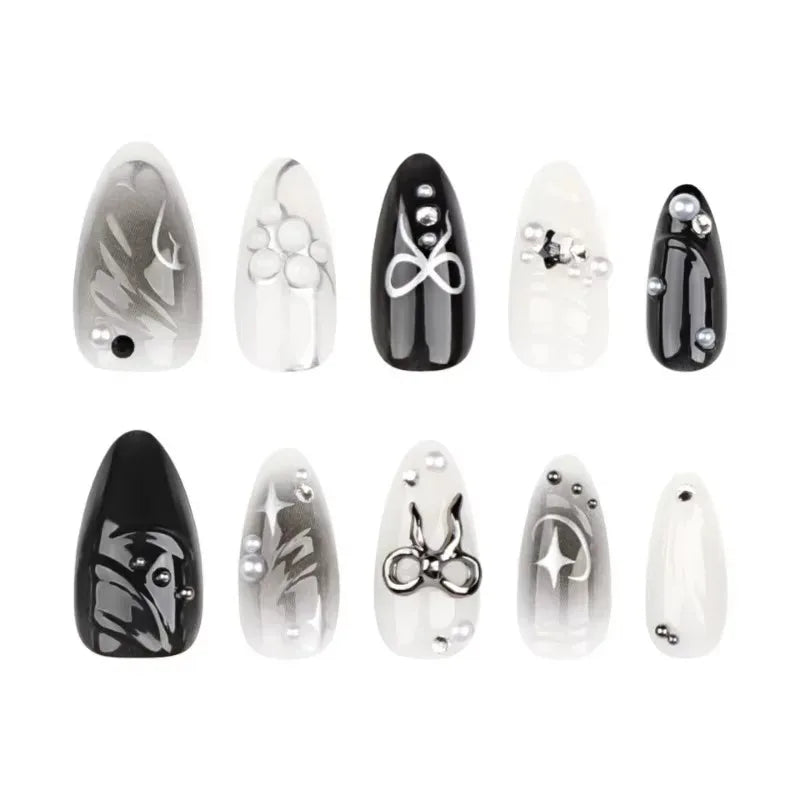 Faux ongles press-on décorés – Strass, nœuds & designs argentés – 24 pièces