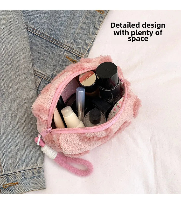 Plush Makeup Bags with Handle Soft Travel Cosmetic Storage Bag Portable Love Print Organizer Pencil Case Cute Clutch Pouch