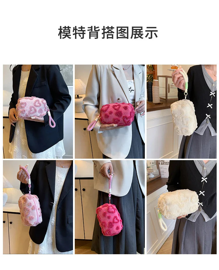 Plush Makeup Bags with Handle Soft Travel Cosmetic Storage Bag Portable Love Print Organizer Pencil Case Cute Clutch Pouch