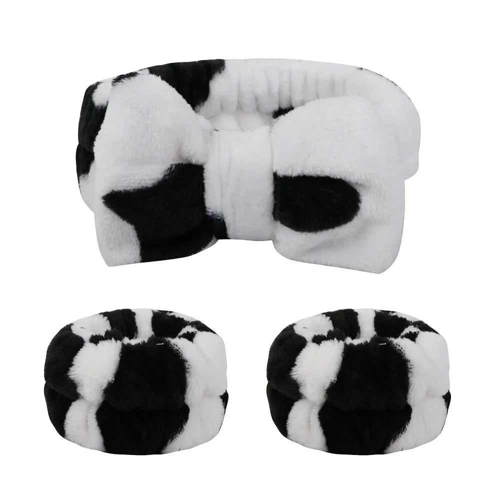 Bandeau maquillage en flanelle avec nœud + protège-poignets absorbants – Accessoire soin visage