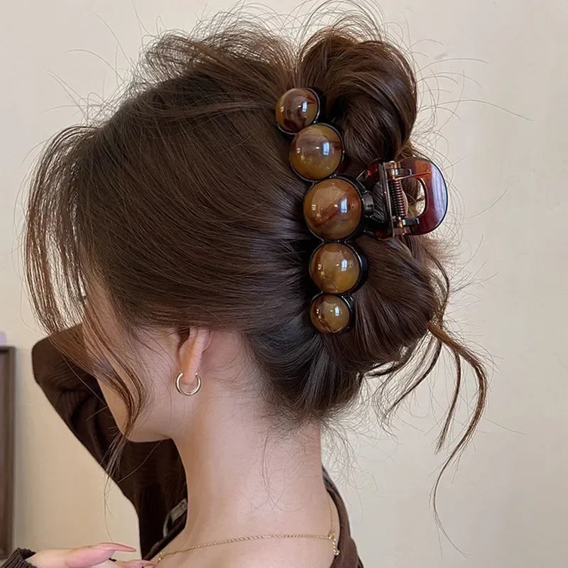Pince crabe rétro à perles – Barrette cheveux géométrique dégradée 11 cm, accessoire coiffure femme