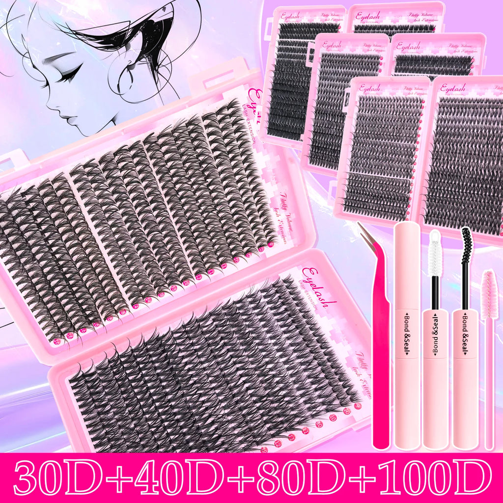 Kit extensions de cils DIY 200–720 pièces – Cils fluffy avec Bond & Seal inclus