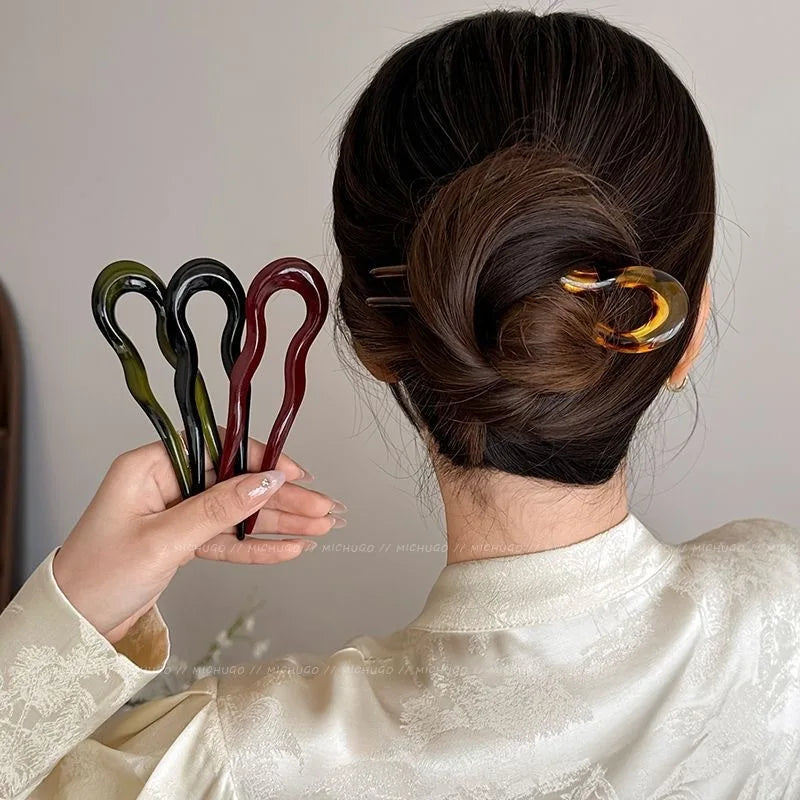Pic à cheveux en U effet écaille – Épingle à cheveux géométrique en acétate – Accessoire coiffure femme chic
