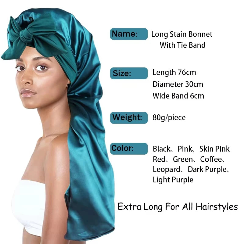 Bonnet satin long en soie – Protection cheveux bouclés, crépus & naturels (XL)