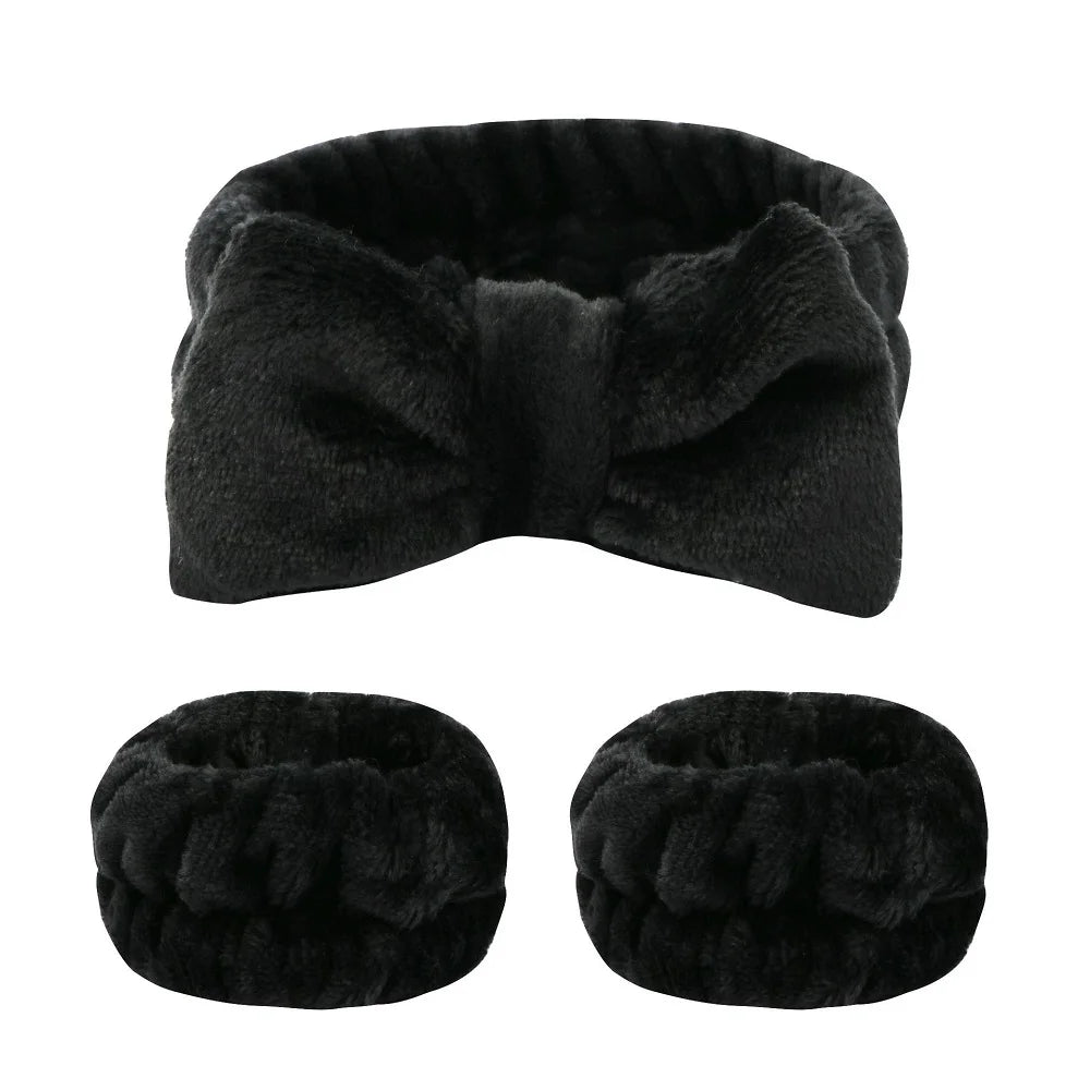 Bandeau maquillage en flanelle avec nœud + protège-poignets absorbants – Accessoire soin visage