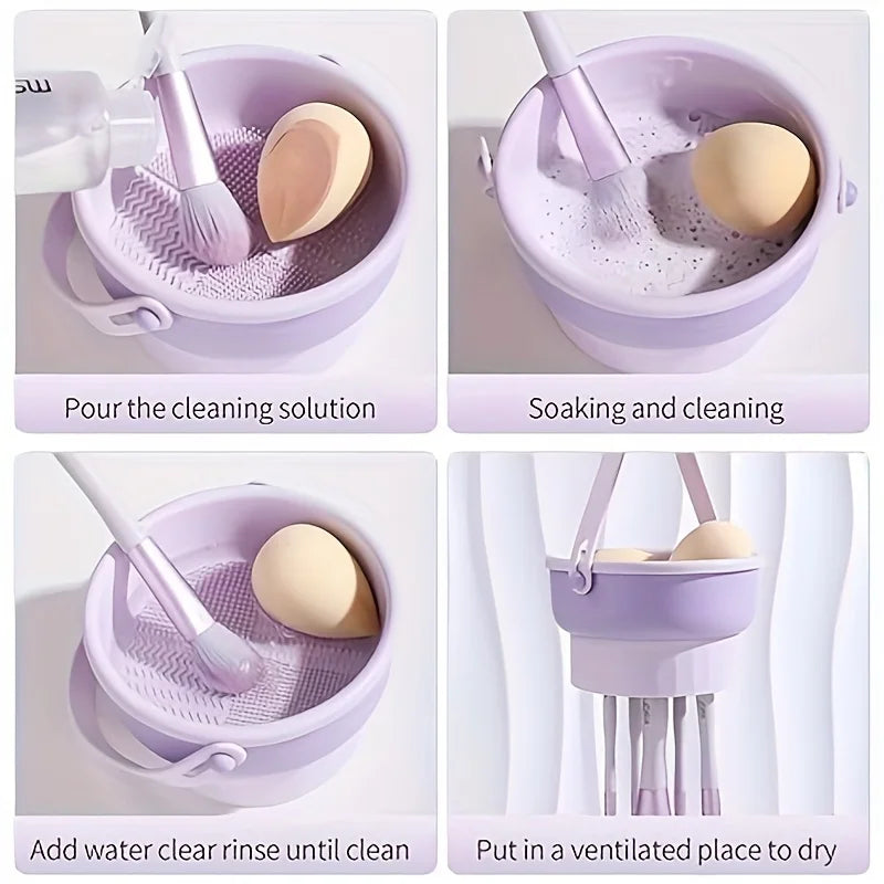 Bol nettoyeur pinceaux maquillage en silicone 3-en-1 – Lavage, séchage et rangement pinceaux & éponges