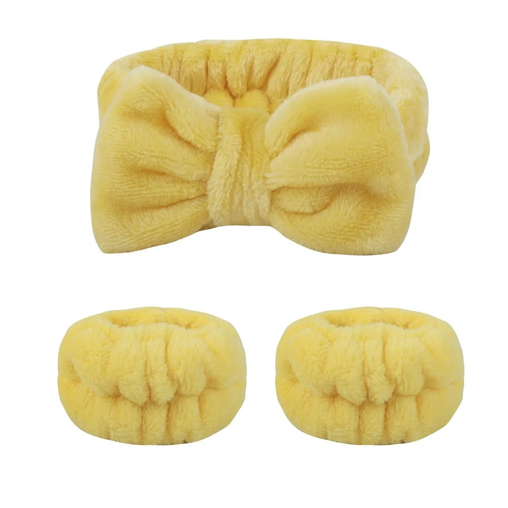 Bandeau maquillage en flanelle avec nœud + protège-poignets absorbants – Accessoire soin visage