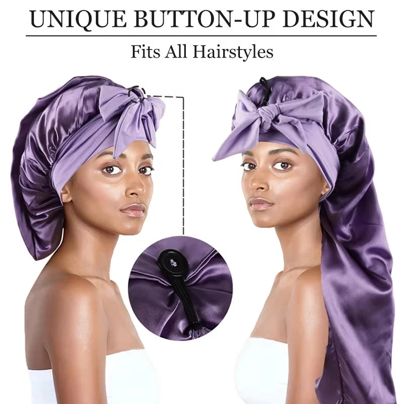 Bonnet satin long en soie – Protection cheveux bouclés, crépus & naturels (XL)