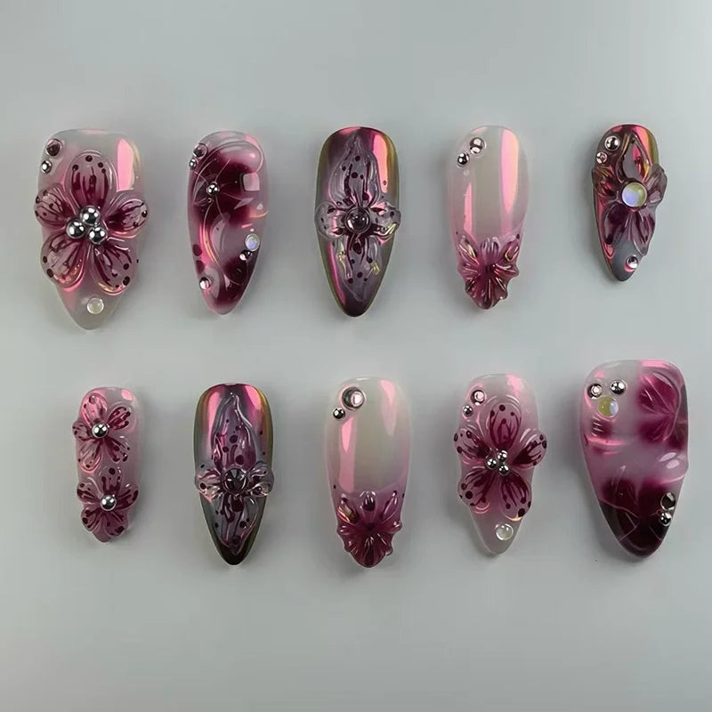 Faux ongles press-on décorés – Strass, nœuds & designs argentés – 24 pièces