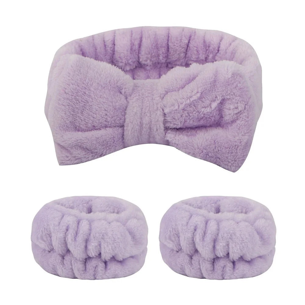 Bandeau maquillage en flanelle avec nœud + protège-poignets absorbants – Accessoire soin visage
