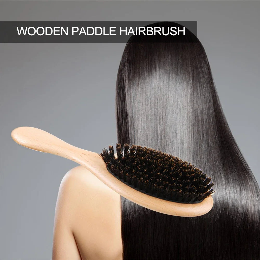 Brosse cheveux en bois à poils de sanglier – Brosse plate naturelle démêlante et lissante