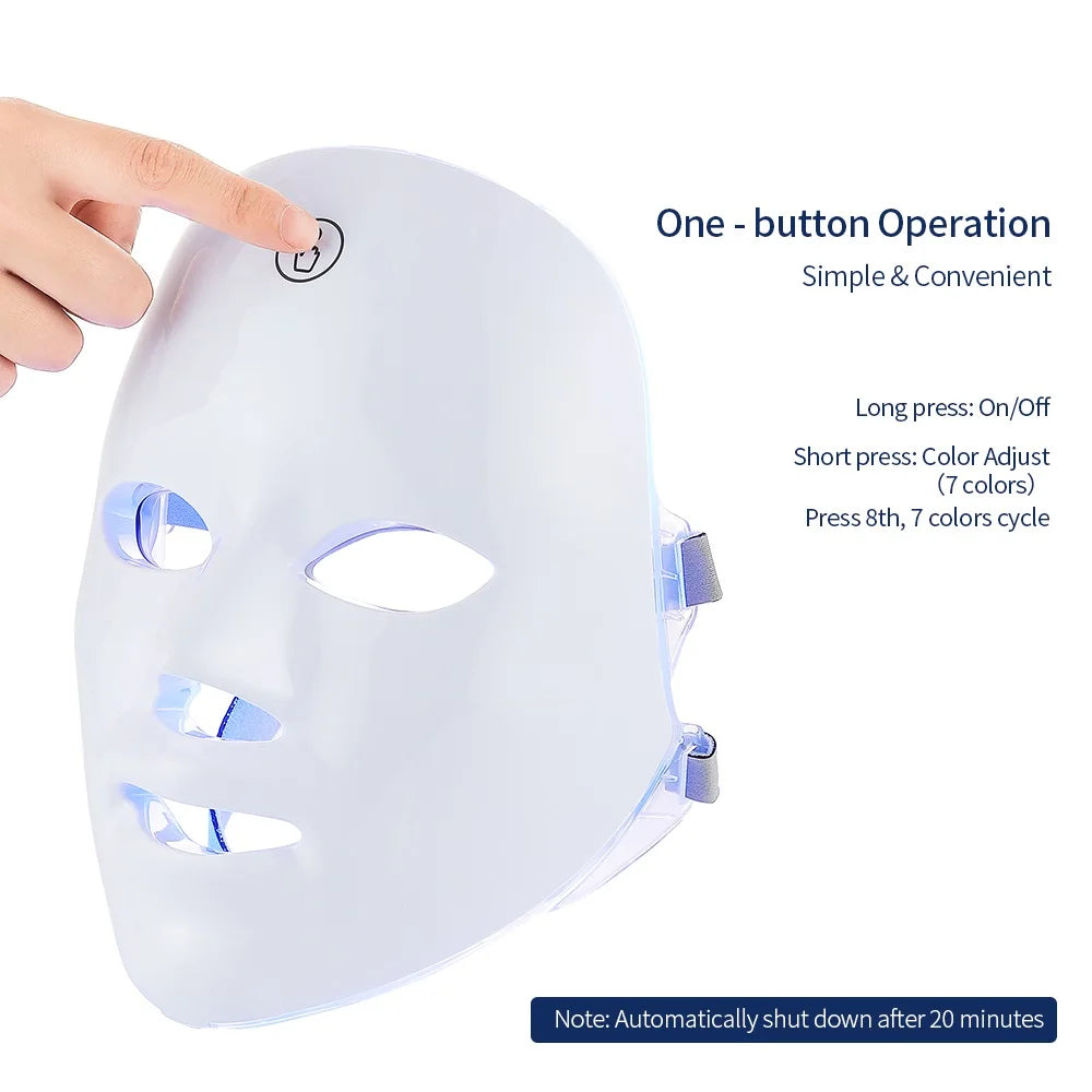 Masque LED visage & cou 7 couleurs – Appareil beauté lumineux sans fil pour soin de la peau
