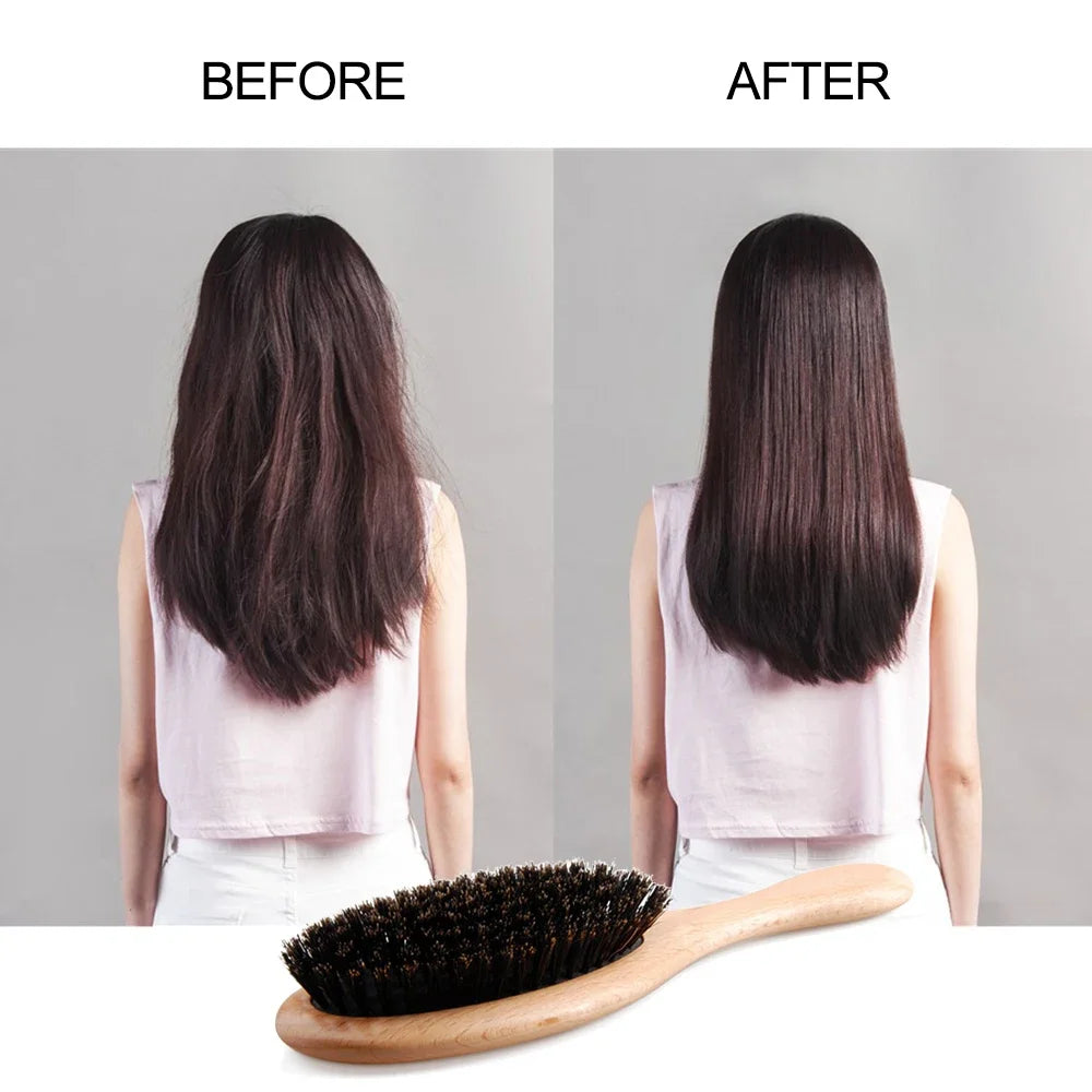 Brosse cheveux en bois à poils de sanglier – Brosse plate naturelle démêlante et lissante