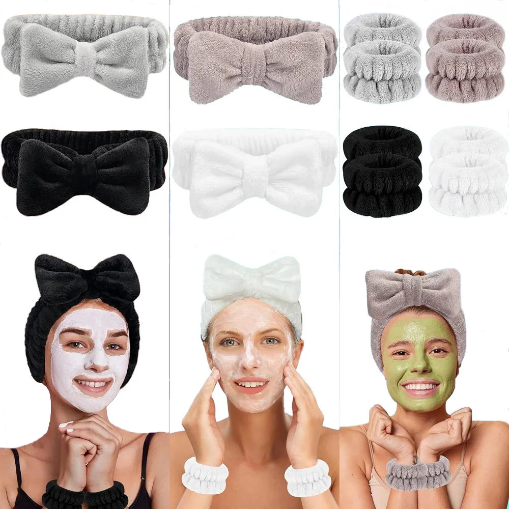 Bandeau maquillage en flanelle avec nœud + protège-poignets absorbants – Accessoire soin visage