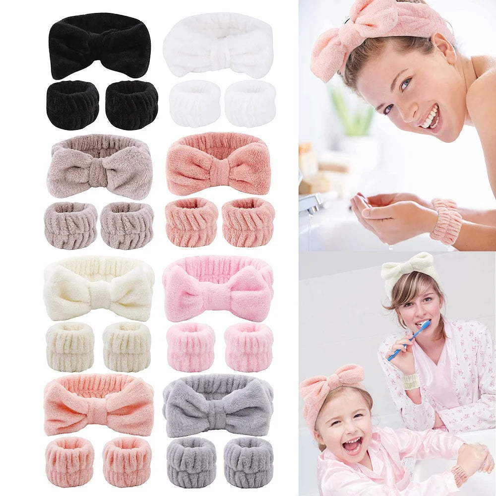 Bandeau maquillage en flanelle avec nœud + protège-poignets absorbants – Accessoire soin visage
