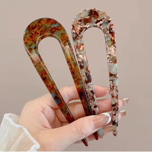 Pic à cheveux en U effet écaille – Épingle à cheveux géométrique en acétate – Accessoire coiffure femme chic