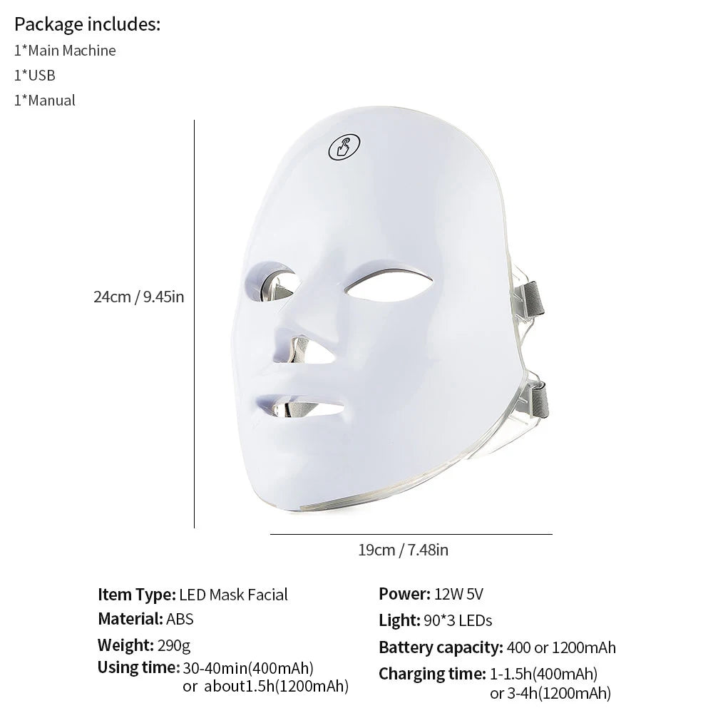 Masque LED visage & cou 7 couleurs – Appareil beauté lumineux sans fil pour soin de la peau
