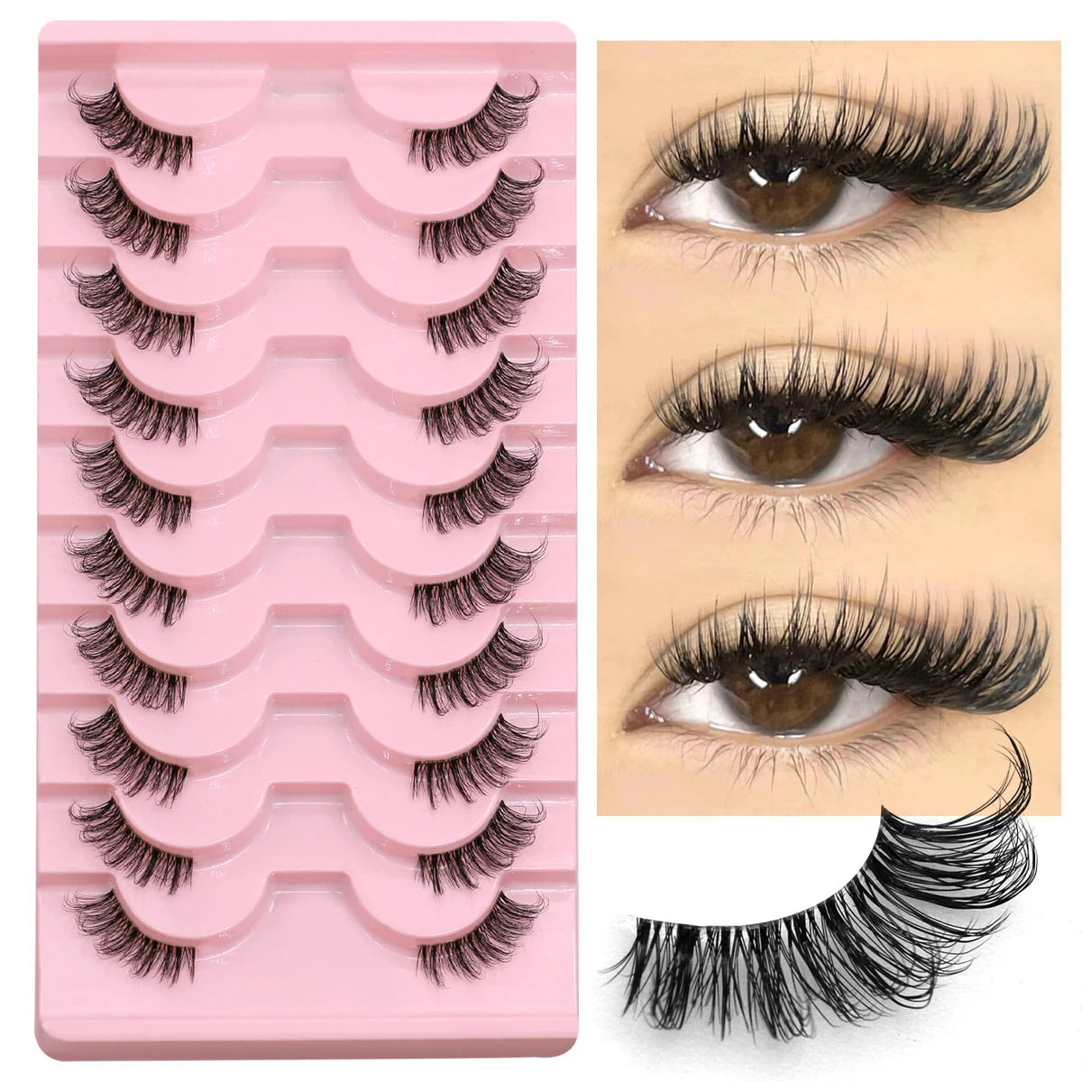 Demi-faux cils effet naturel – Bande transparente, regard allongé, style mink léger