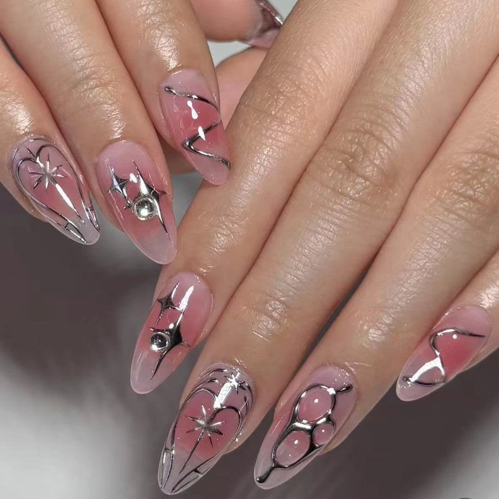 Faux ongles press-on décorés – Strass, nœuds & designs argentés – 24 pièces