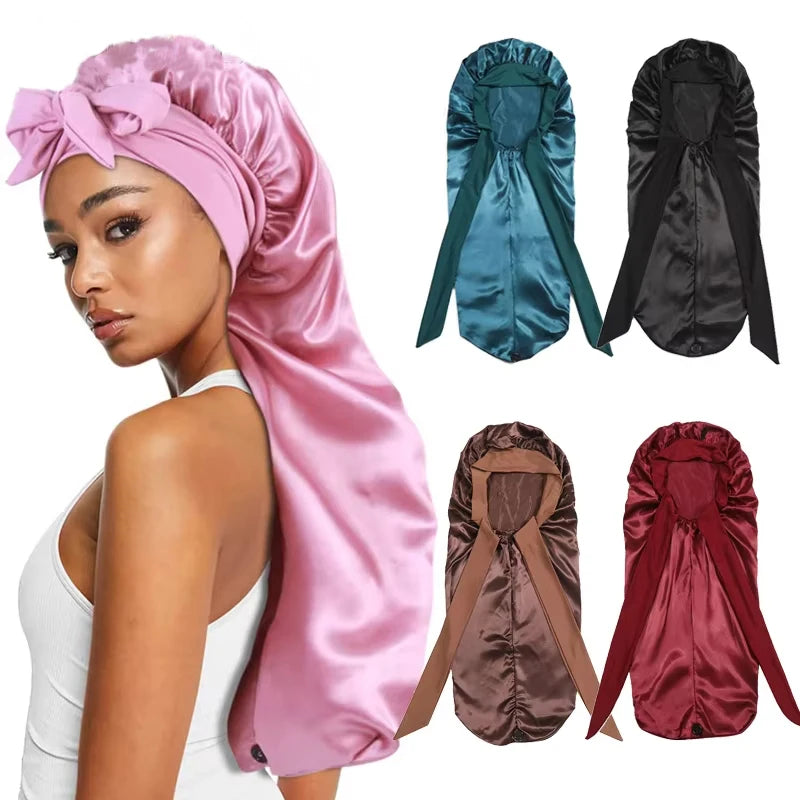 Bonnet satin long en soie – Protection cheveux bouclés, crépus & naturels (XL)