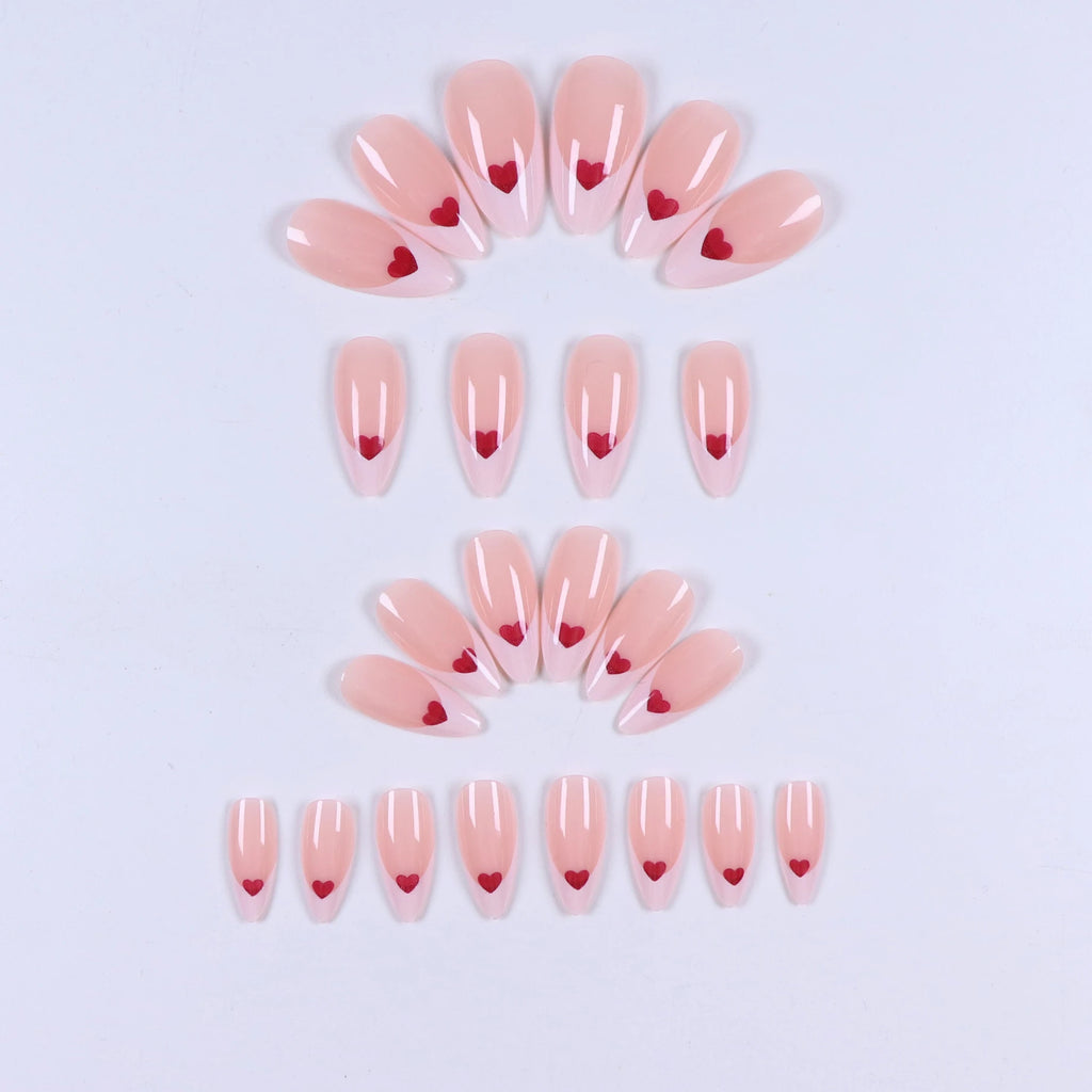 Faux ongles press-on amande décor cœur – Blanc & coloris variés – 24 pièces